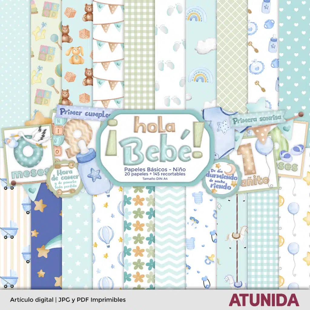 Kit de Scrapbooking Hola Bebe Niño - Atunida - Papeles Básicos