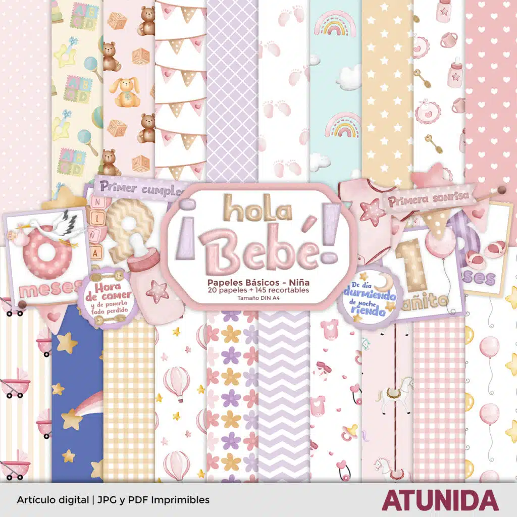 Kit de Scrapbooking Hola Bebe Niña - Atunida - Papeles Básicos