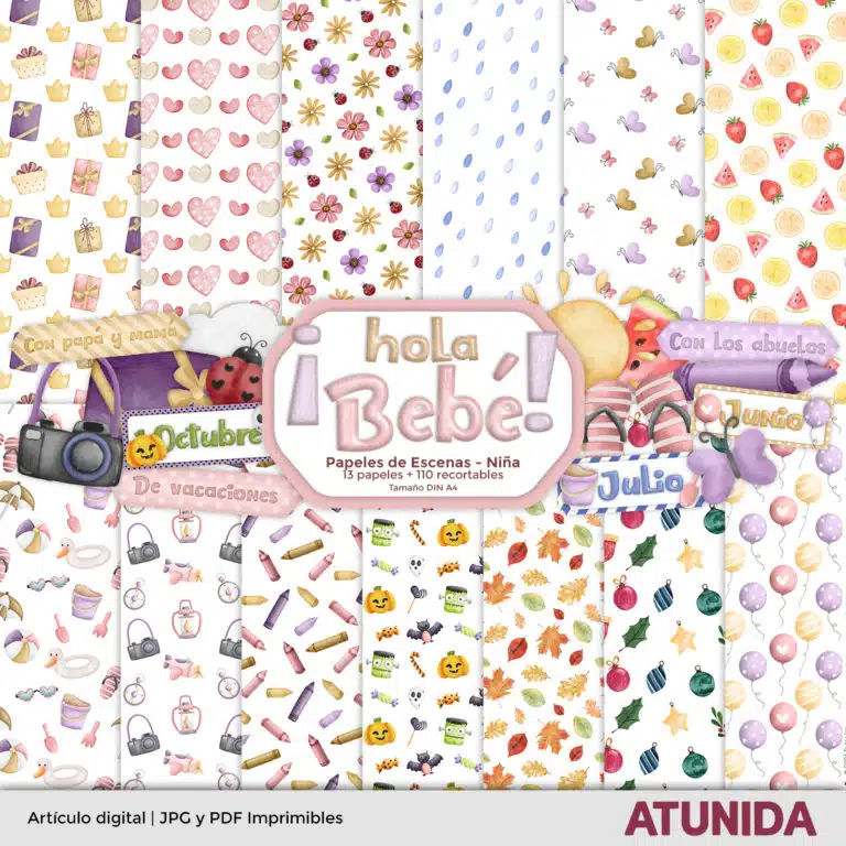 Kit de Scrapbooking Hola Bebe Niña - Atunida - Papeles Anuales