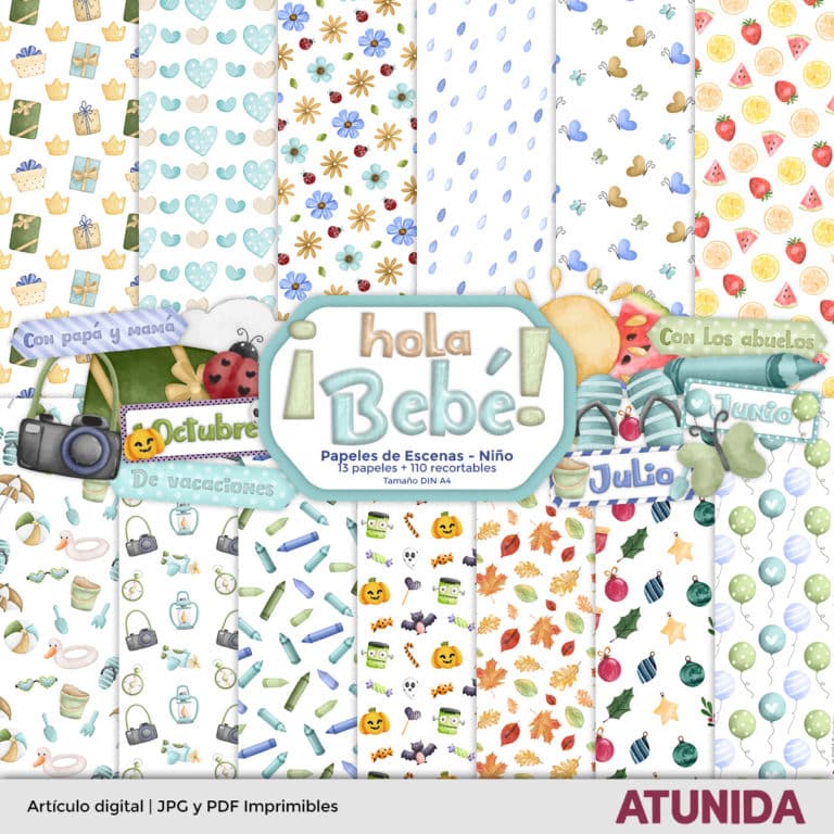 Kit de Scrapbooking Hola Bebe Niño - Atunida - Papeles Anuales
