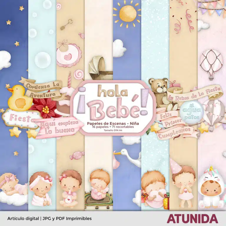 Kit de Scrapbooking Hola Bebe Niña - Atunida - Papeles Escenas