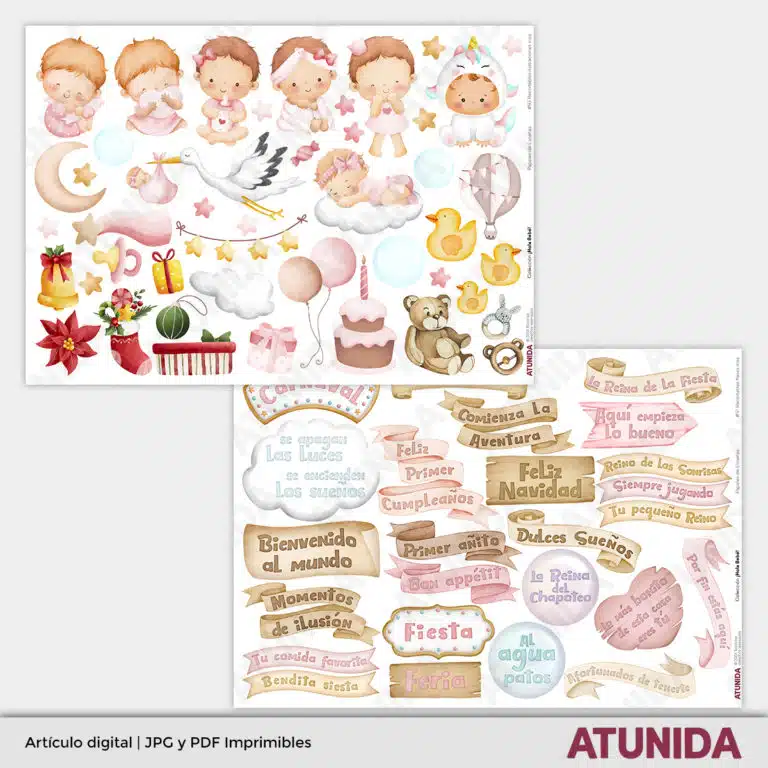 Kit de Scrapbooking Hola Bebe Niña - Atunida - Papeles Escenas - Recortables