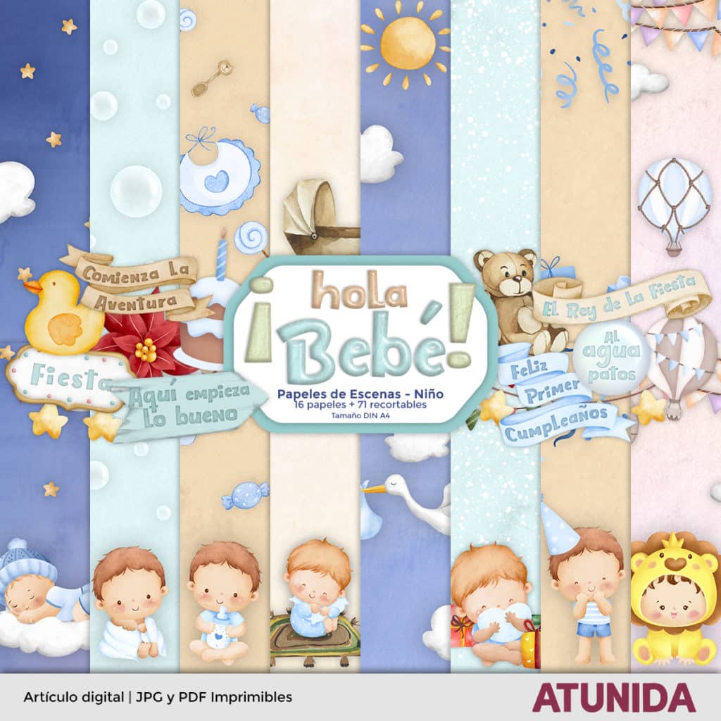 Kit de Scrapbooking Hola Bebe Niño - Atunida - Papeles Escenas