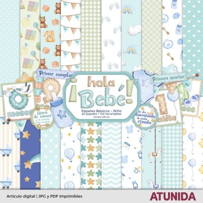 Kit de Scrapbooking Hola Bebe Niño - Atunida - Papeles Básicos